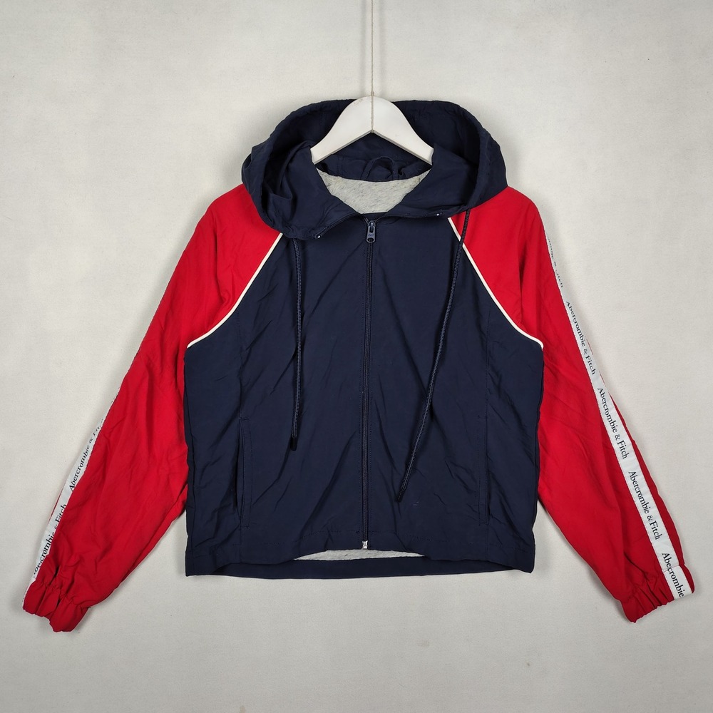 Abercrombie & Fitch Hooded Color-Block Zip Windbreaker Navy Red Logo Tape S